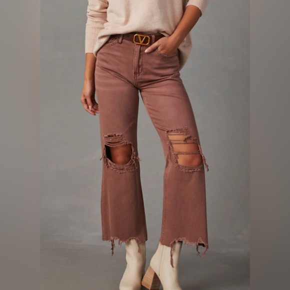 NWT Vervet by Flying Monkey Mauve Cropped Distressed Flare Denim Jeans - Picture 2 of 6